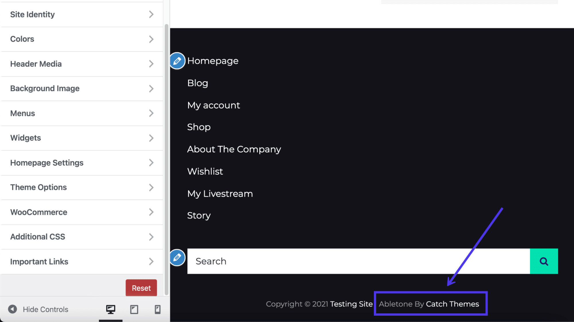Een credit voor themaontwikkelaars in de footer.