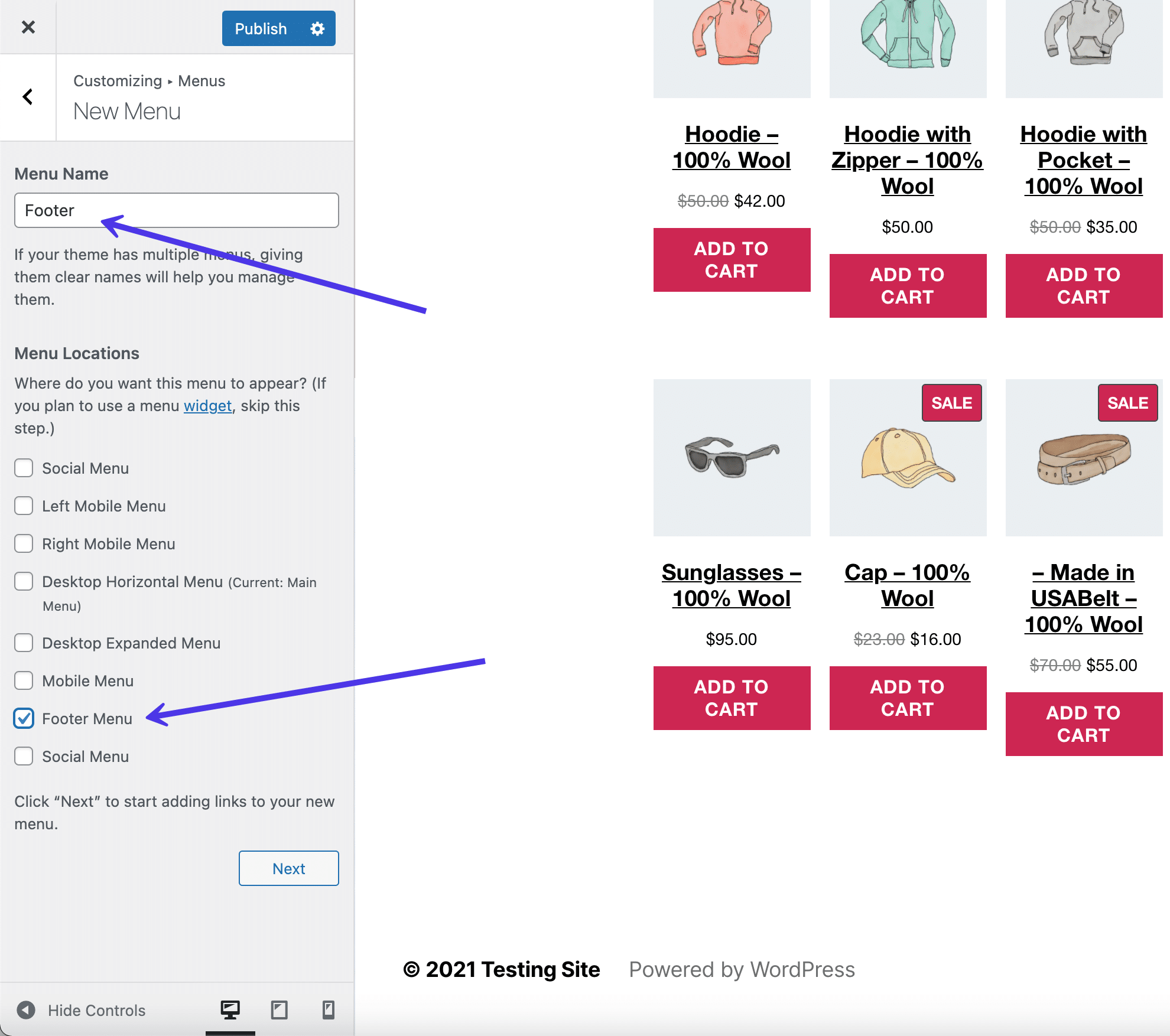 Voeg het footermenu toe.