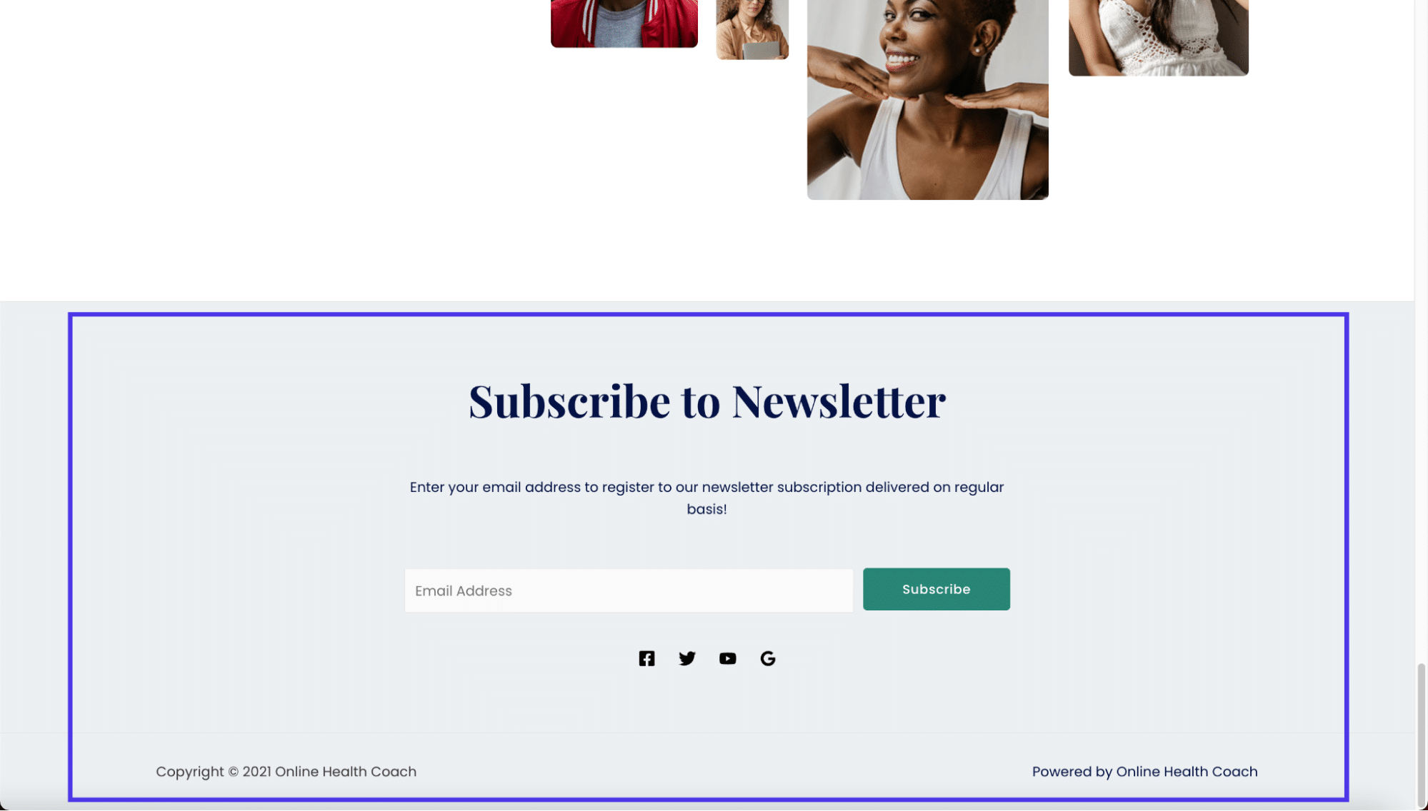 Footer met een formulier voor een mailinglijst, sociale knoppen en copyrightinformatie