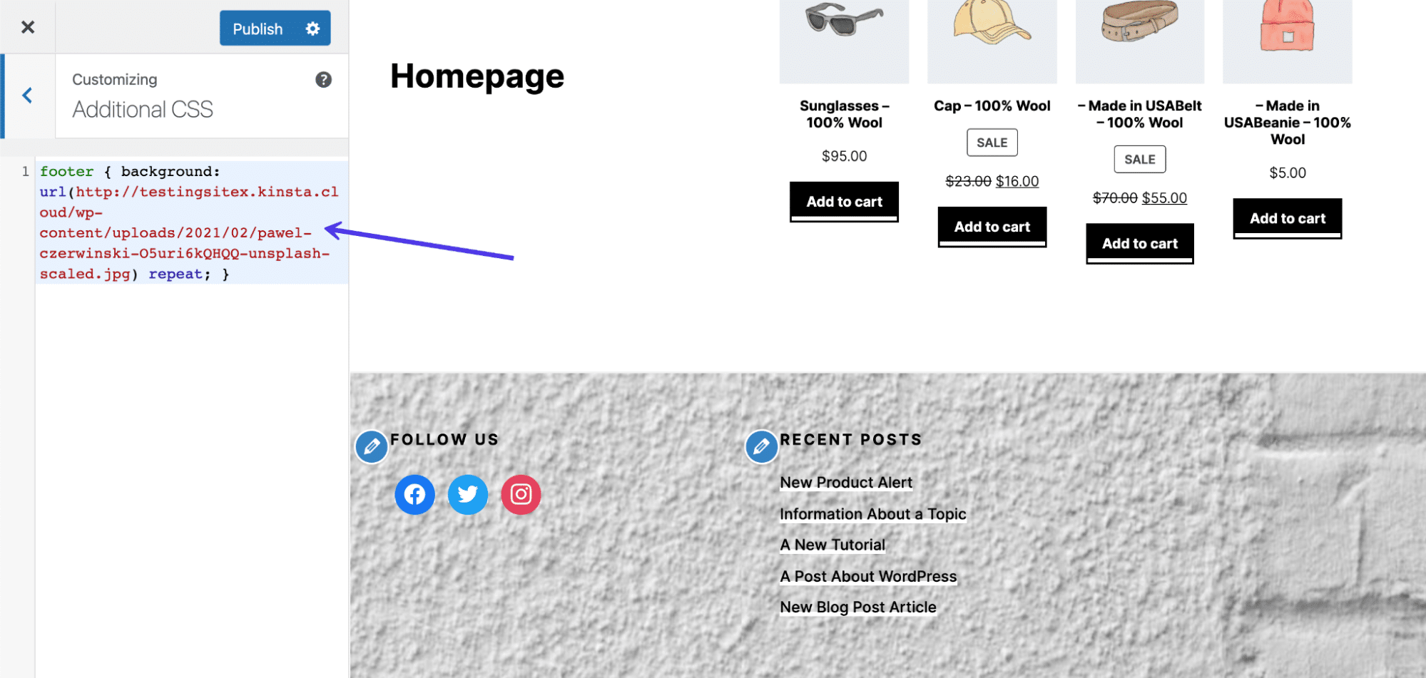 Plak je eigen CSS code in het veld.