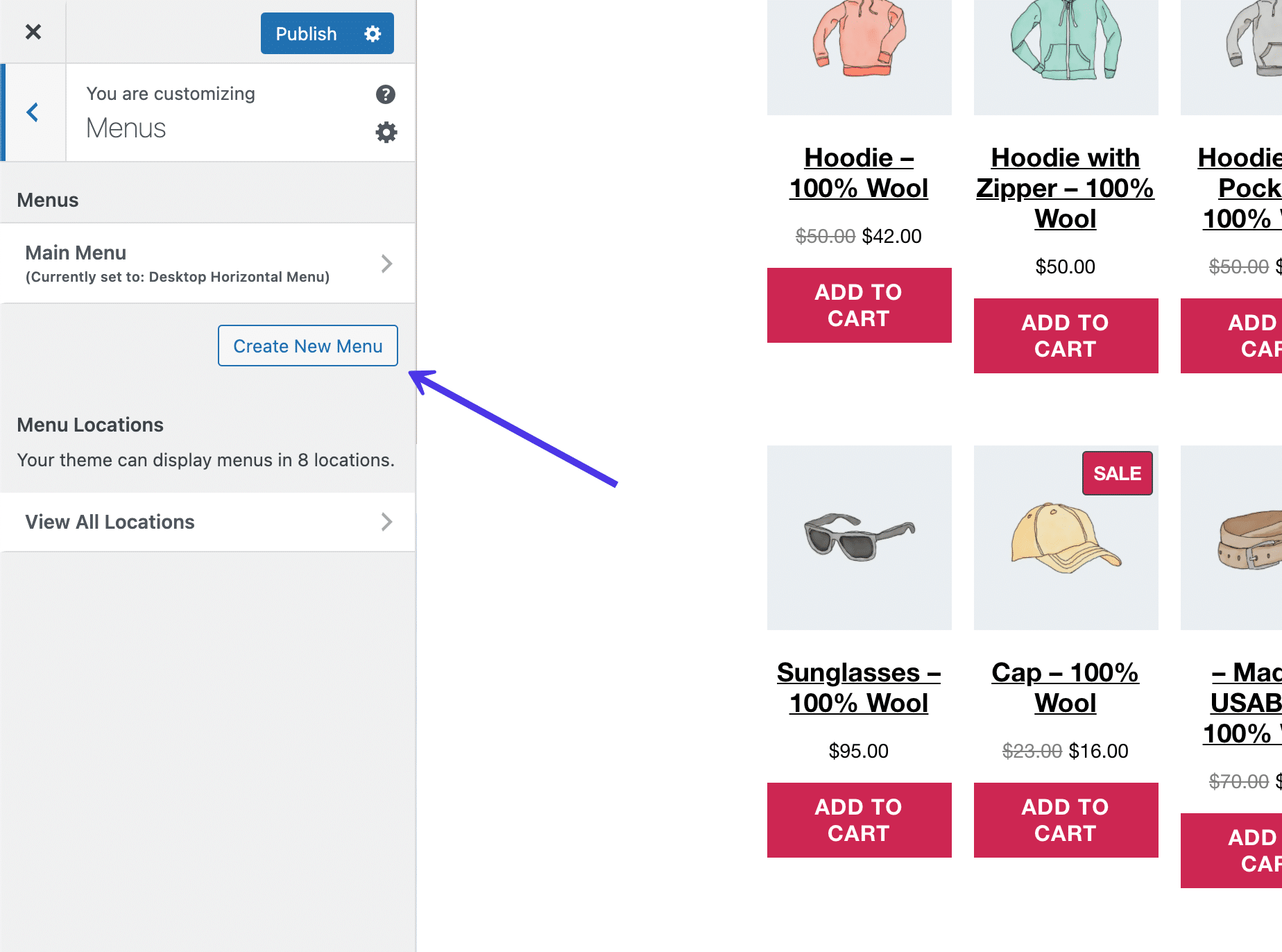“Create New Menu” knop