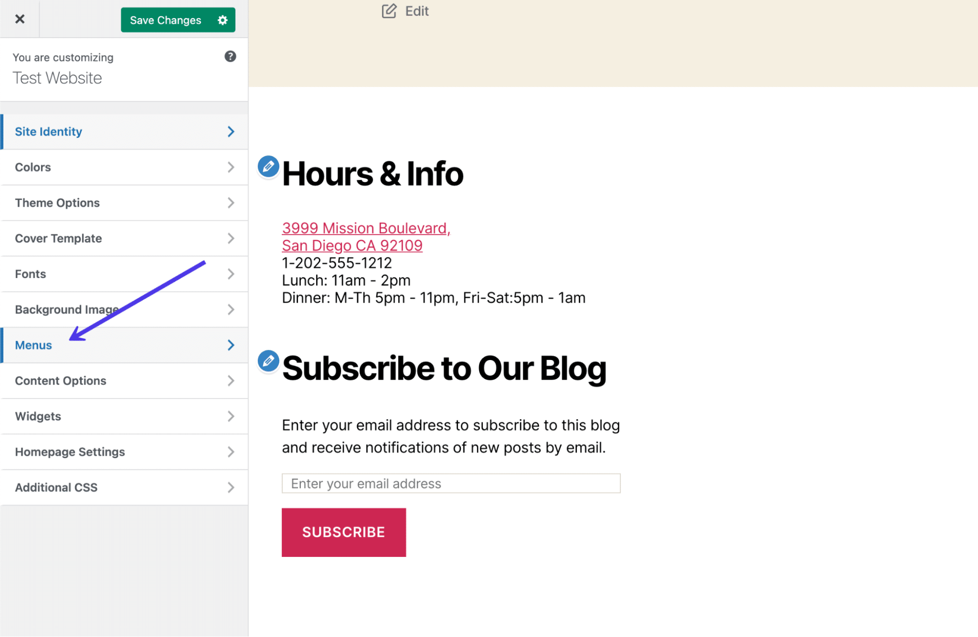Klik op het Menus tabblad