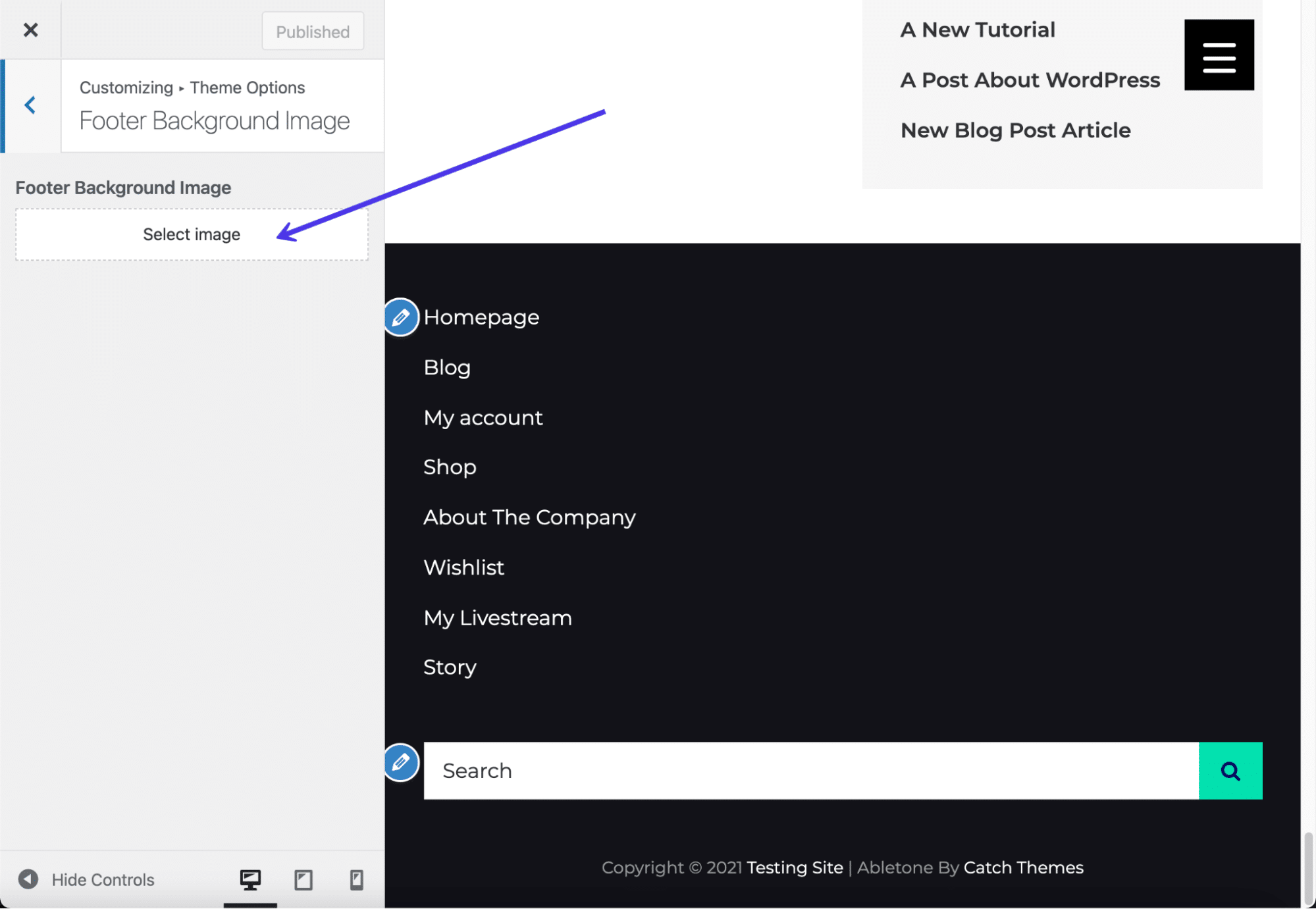 De Select Image knop in de Theme Customizer.