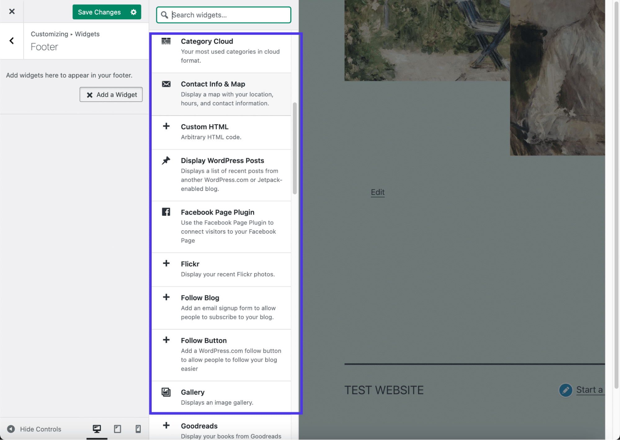 De lange lijst met WordPress widgets.