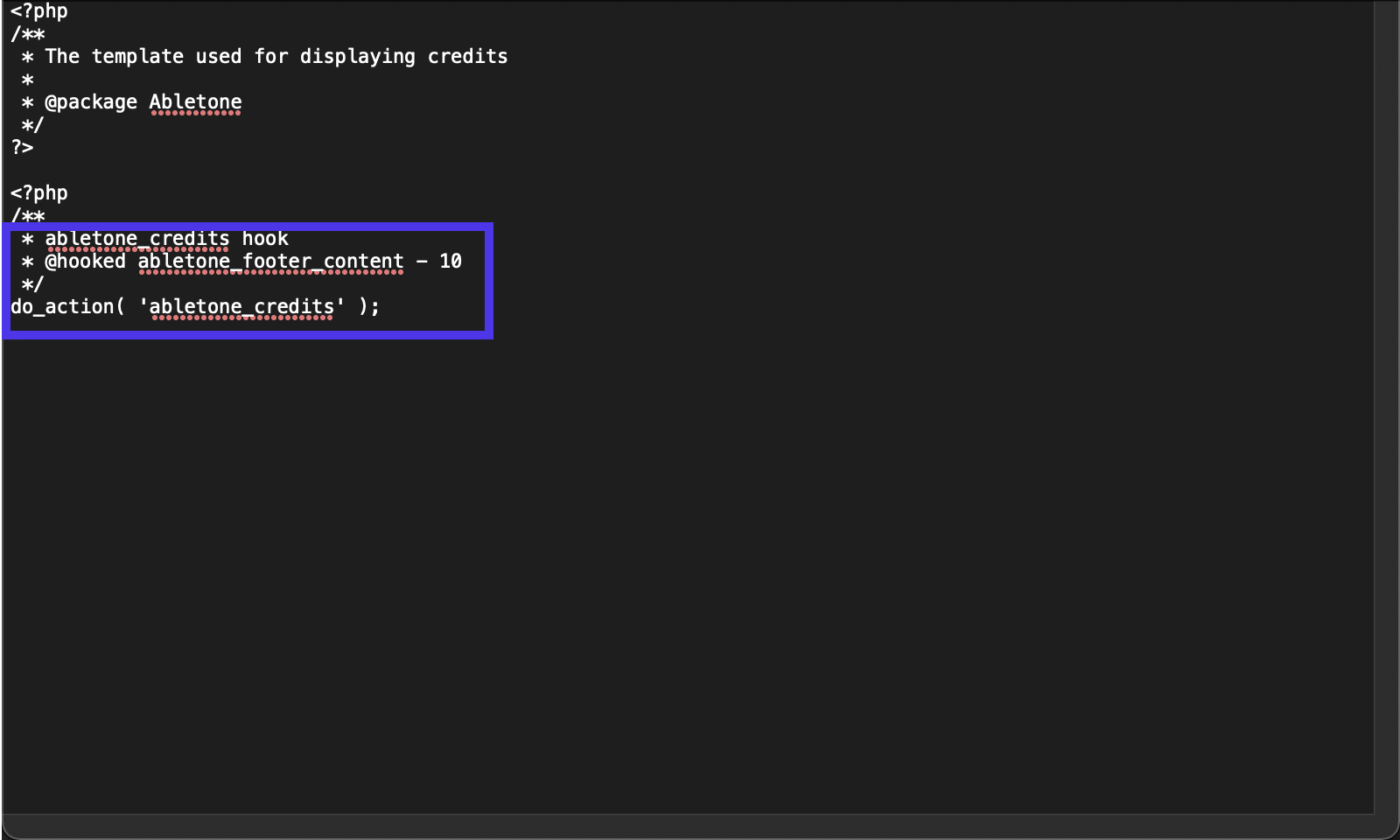Verwijder de credits hook en de do_action code van de credits.