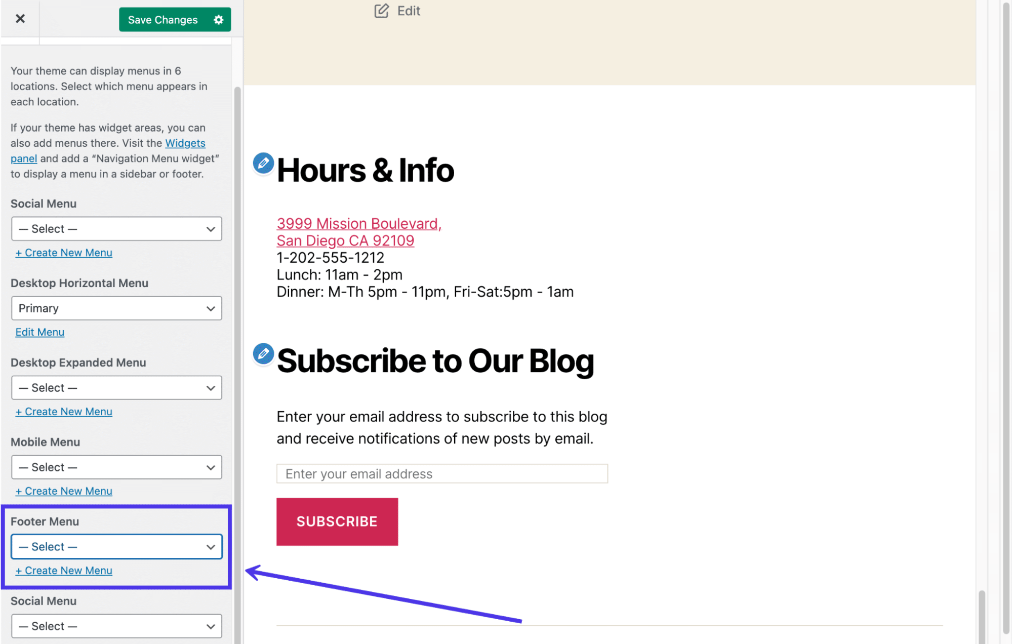 Dit thema heeft een plek om een menu in de footer te plaatsen.