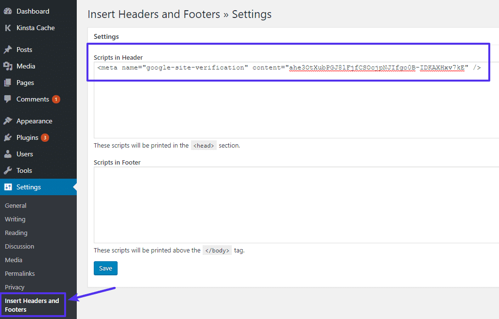 Add HTML meta tag to Insert Headers and Footers plugin Adicionar meta tag HTML ao plugin Insert Headers e Footers.