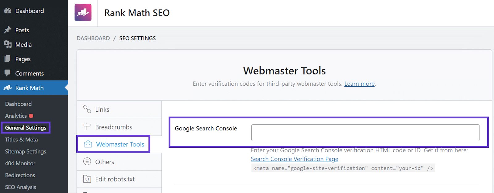 Adding the Search Console verification code to Rank Math Adicionando o código de verificação do Console de Busca ao Rank Math.
