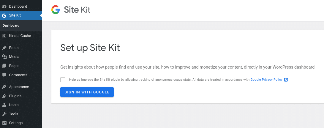 Signing in with Google through the Site Kit plugin Entrar com o Google através do plugin Site Kit.
