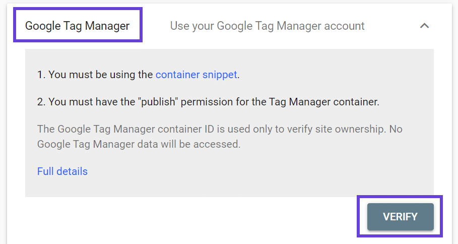 The screen to verify your Google Tag Manager account A tela para verificar sua conta no Google Tag Manager.