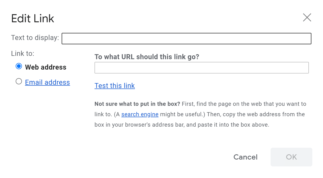 An example of editing a link in Gmail Um exemplo de edição de um link no Gmail.