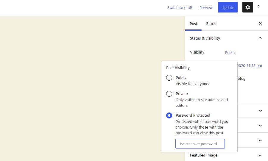 Screenshot showing how to set a WordPress post to Password Protected via the 