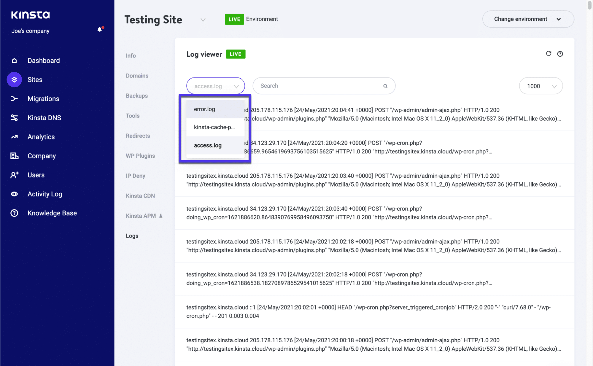 Per vedere i tre log necessari, fate clic sulla scheda Sites, scegliete il vostro sito, poi il pulsante Logs, insieme al tipo di log dal menu a tendina