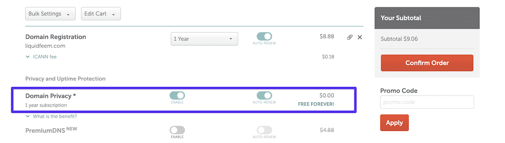 La pantalla de pago de Namecheap.