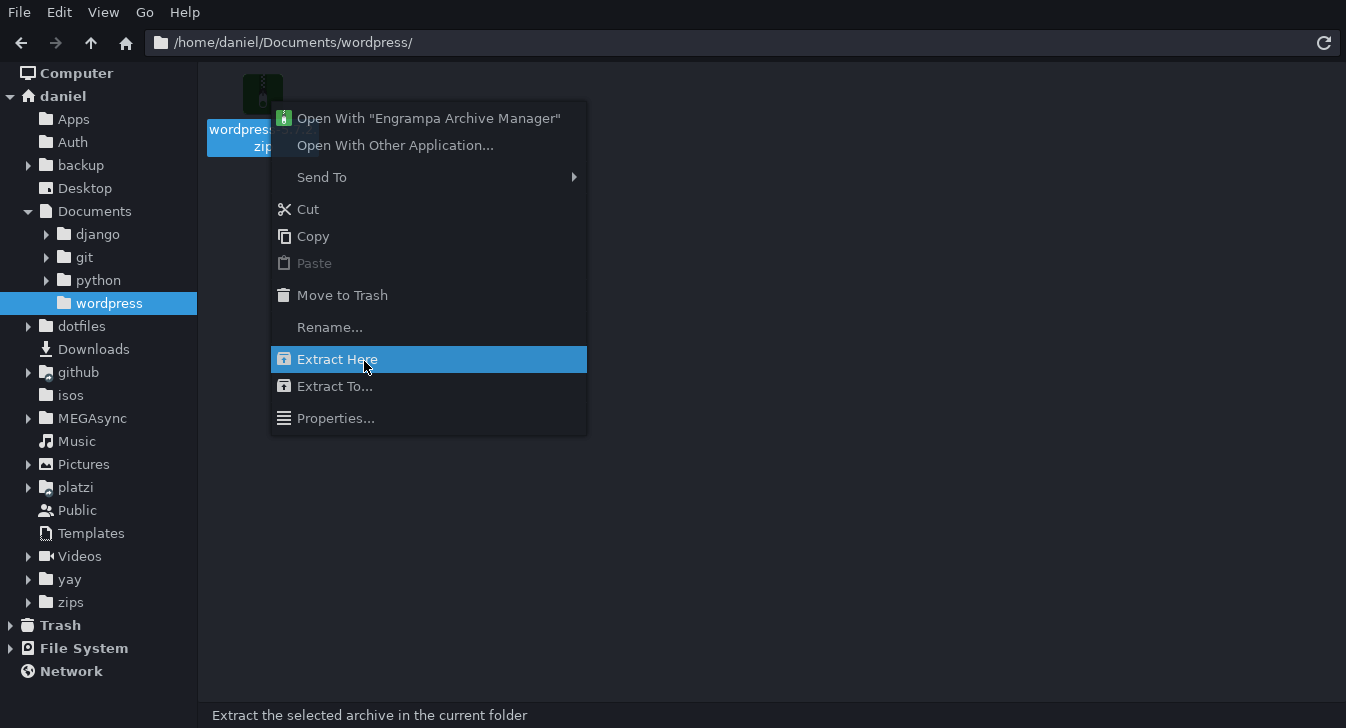 Right-click on the WordPress .zip file and choose