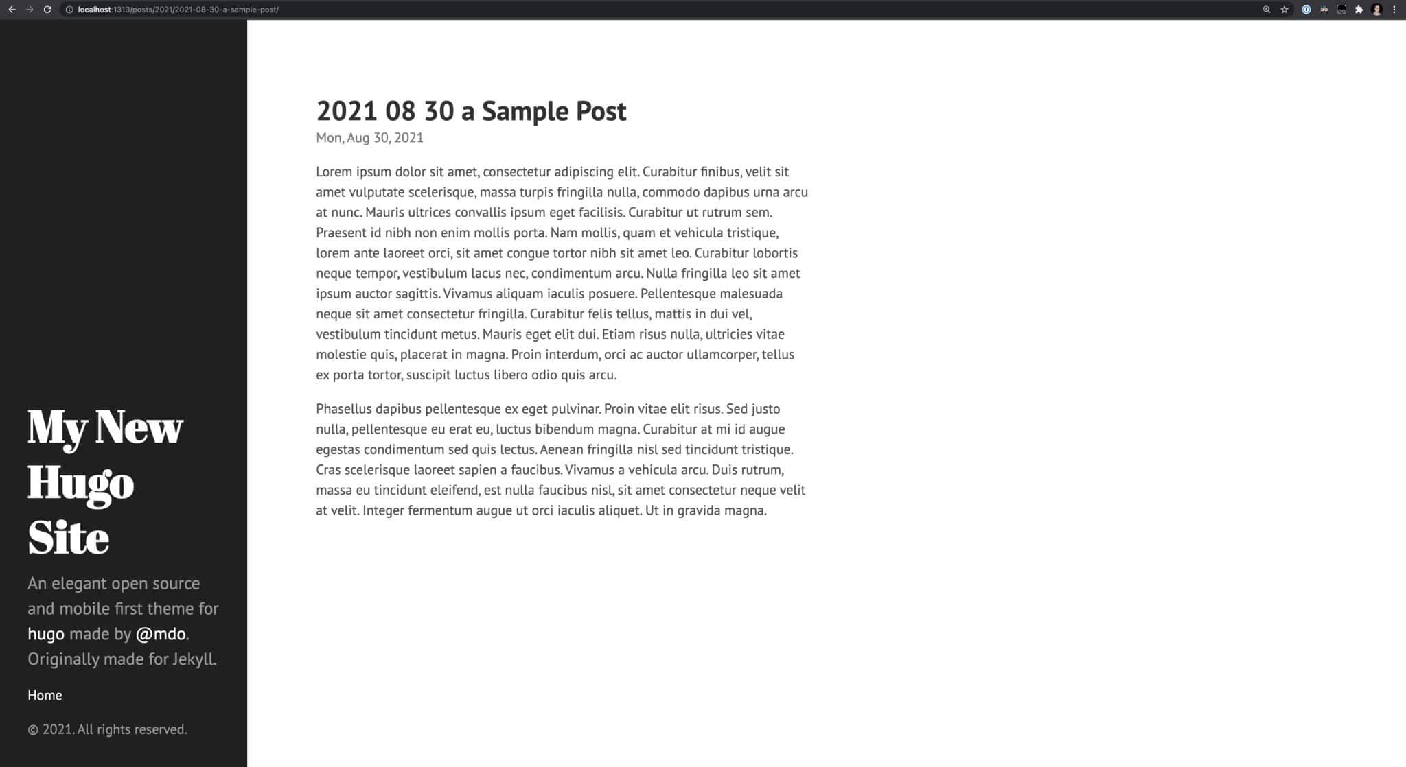 Hugo site com um post