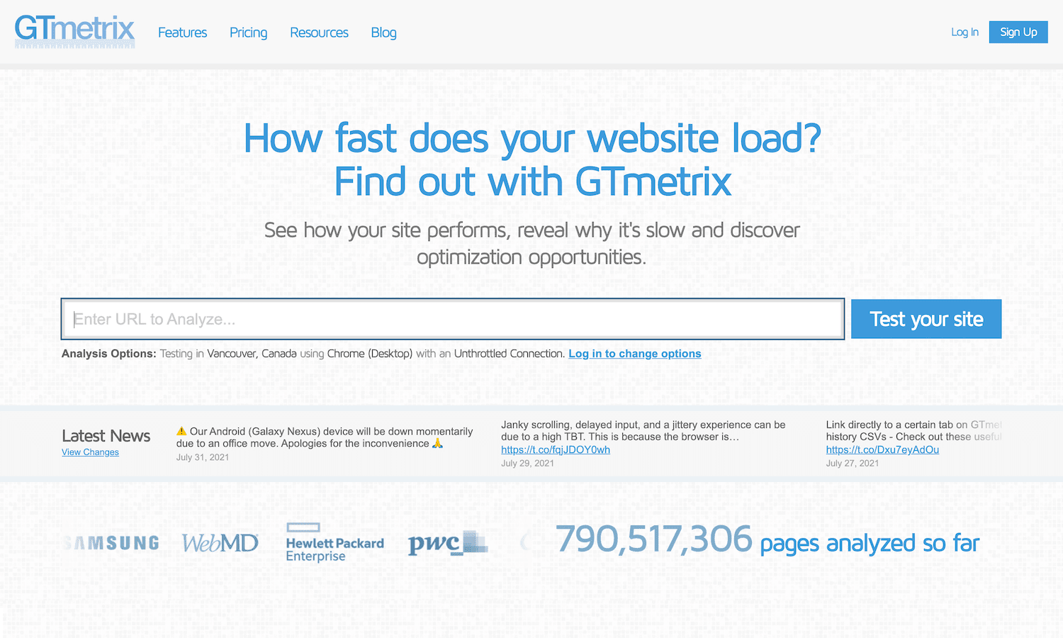 The GTmetrix performance testing tool homepage with the text 