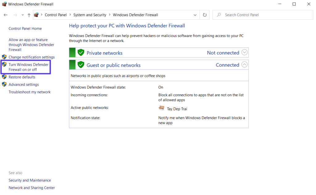 Come disabilitare il firewall di Windows Defender.