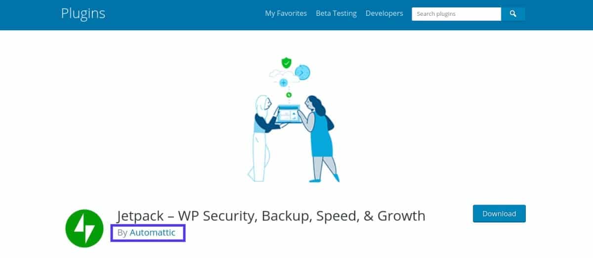 The JetPack plugin download page with the text 