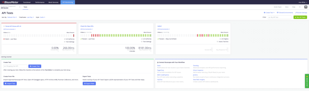 he BlazeMeter API Monitoring dashboard, showing metrics for performance monitoring below the text