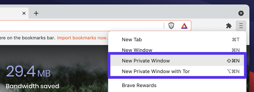 The browser window privacy options within Brave's menu, highlighting the