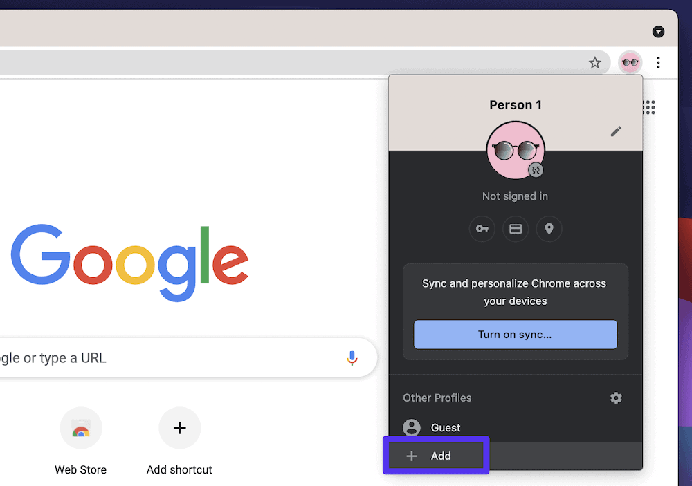 Adding a new profile in Chrome, with a purple box to draw attention to the