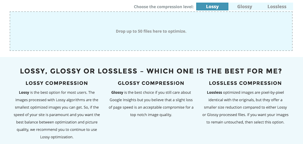 The compressions options within ShortPixel, showing the options to choose a compression level of