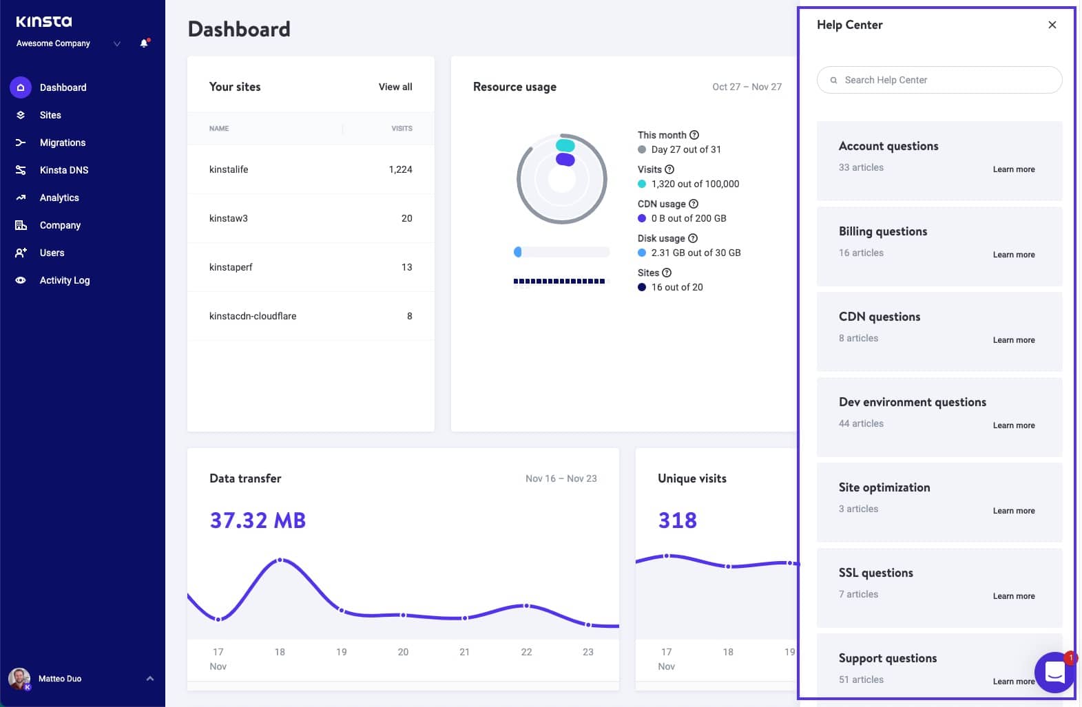 Help Center in MyKinsta