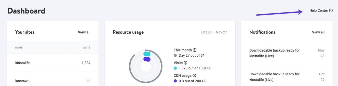 Help Center in MyKinsta