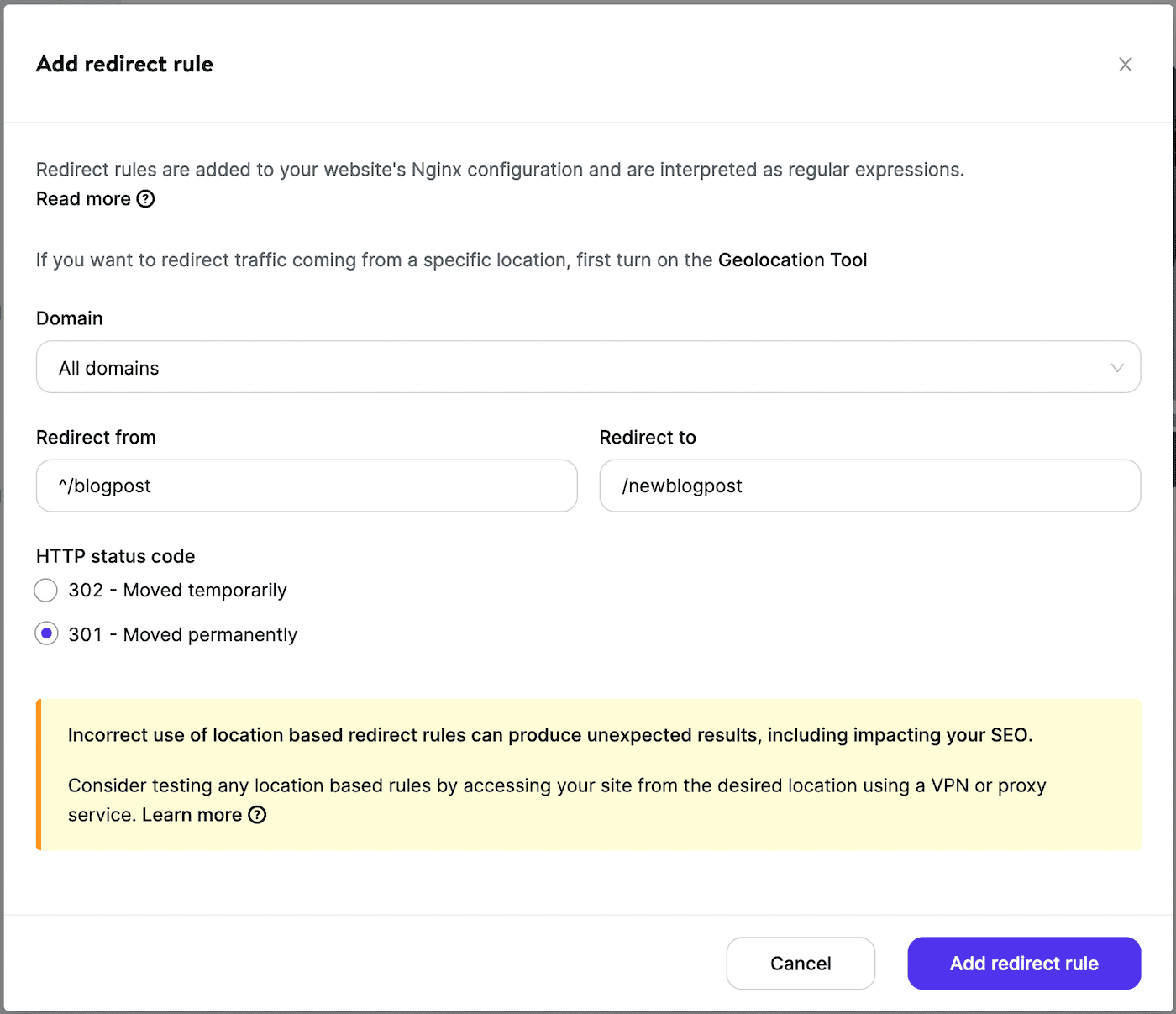 Add a 301 redirect in MyKinsta Add a 301 redirect in MyKinsta.