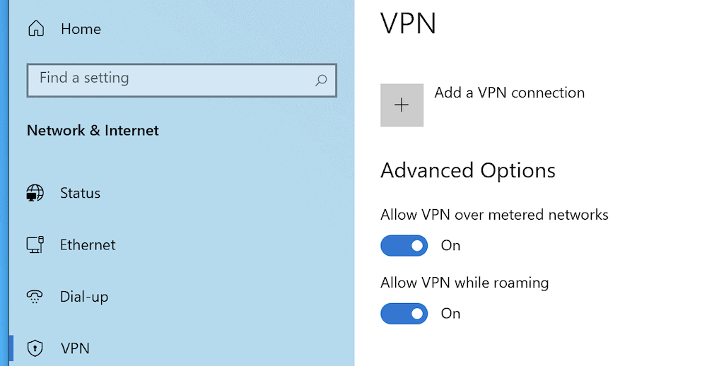 The Windows VPN screen with toggles for several