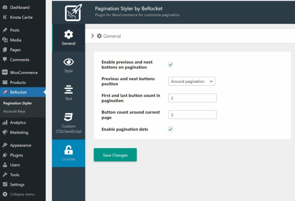A área de configurações do Pagination Styler for WooCommerce.