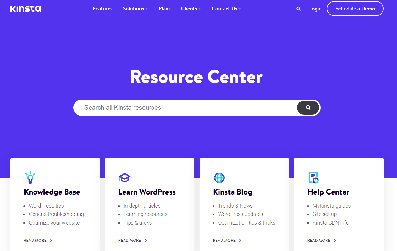 Kinsta’s resource center page, with “Resource Center” in white text on a blue background and search bar underneath. Below that are white boxes that say “Knowledge Base,” “Learn WordPress,” “Kinsta Blog,” and “Help Center” in navy text.