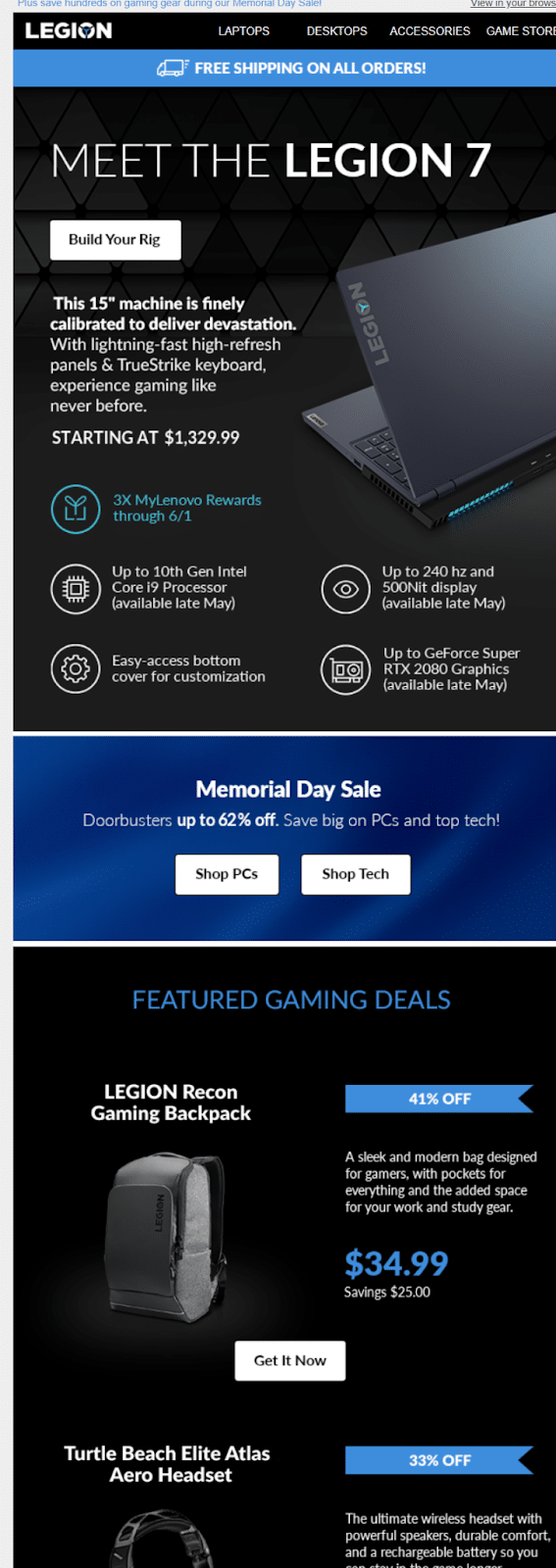 Campione di newsletter di annuncio di prodotti Lenovo.