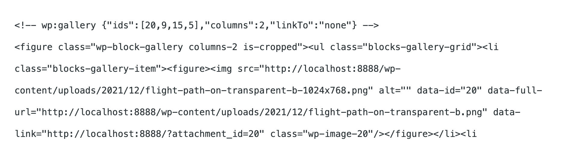  WordPress 5.8のコードビューで見たギャラリーブロック