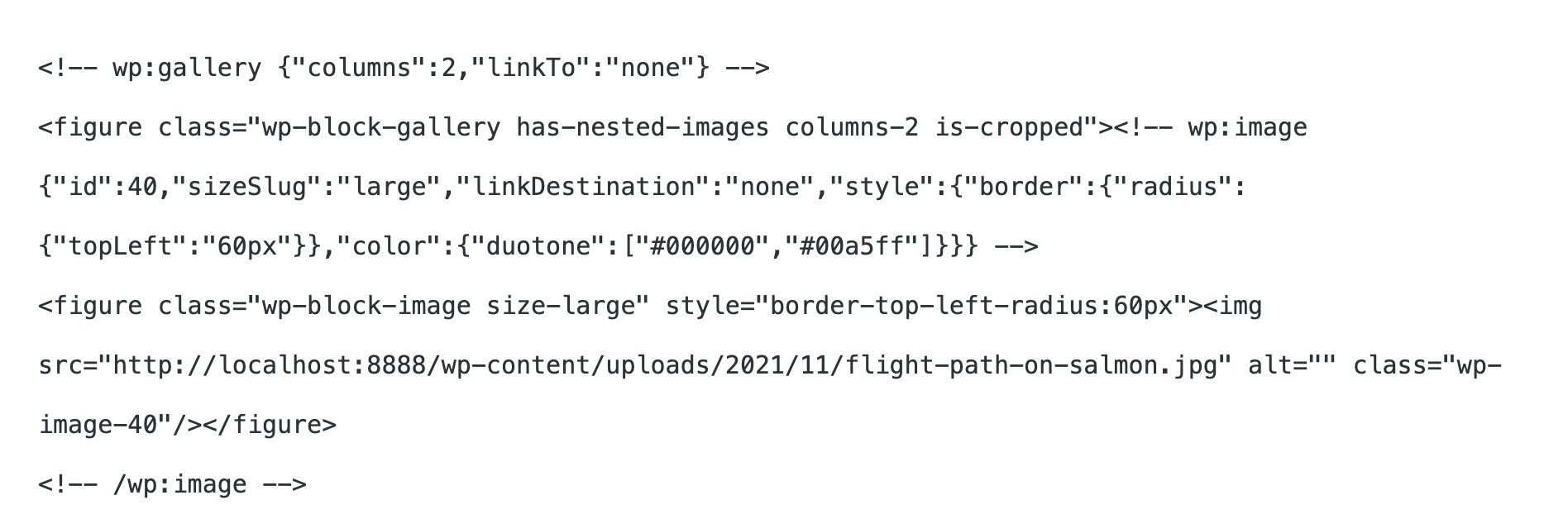  WordPress 5.9のコードビューで見たギャラリーブロック