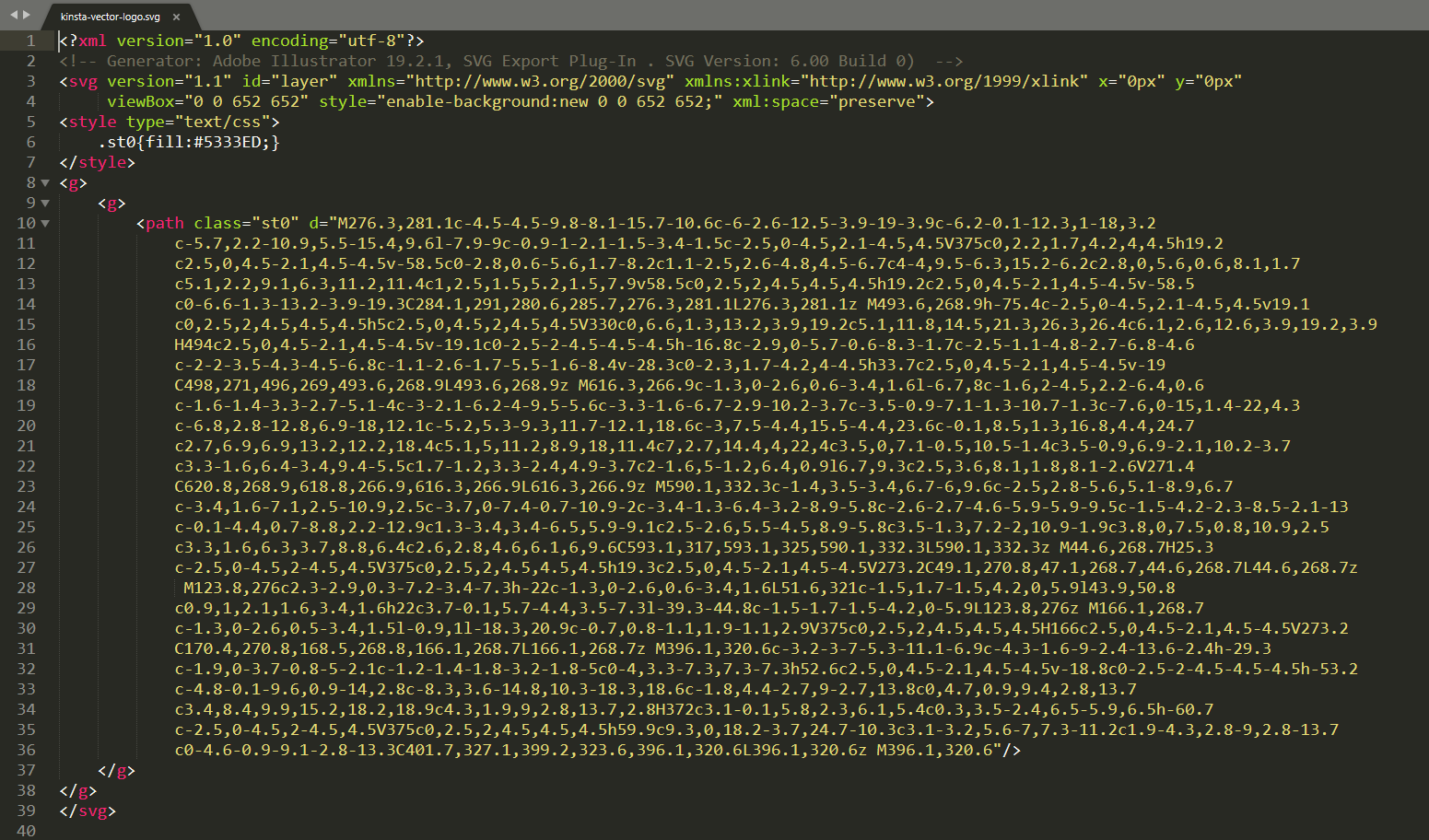 Das Kinsta-Logo als SVG in einem Texteditor