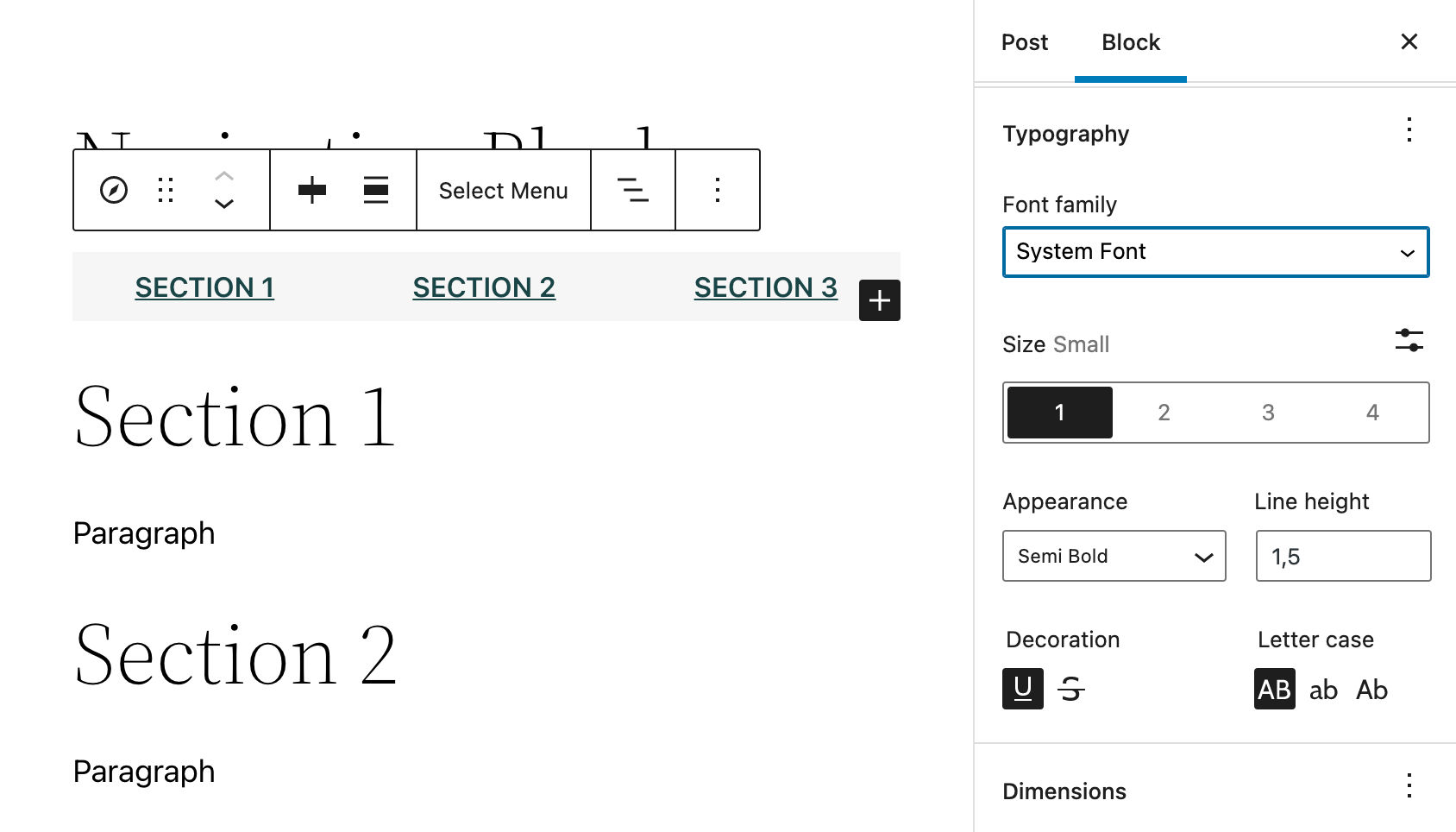 ナビゲーションブロックの「typography」設定