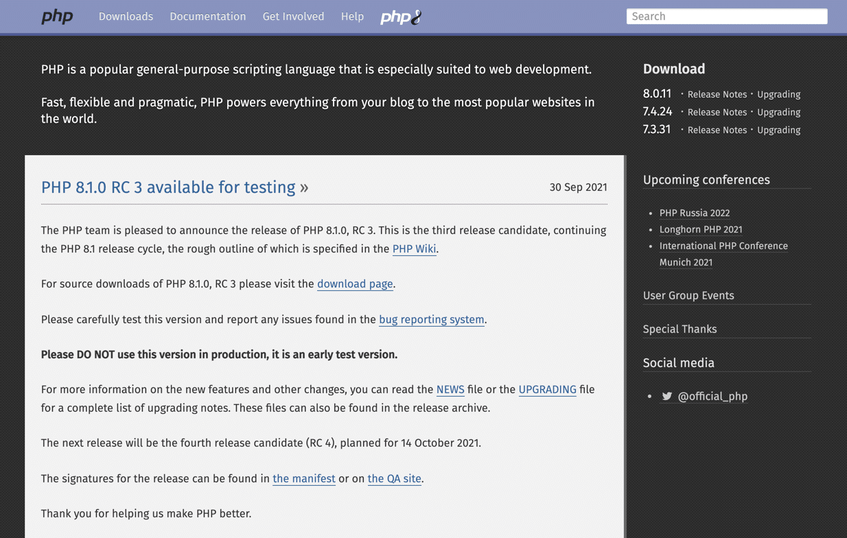 Site web du langage de programmation PHP.