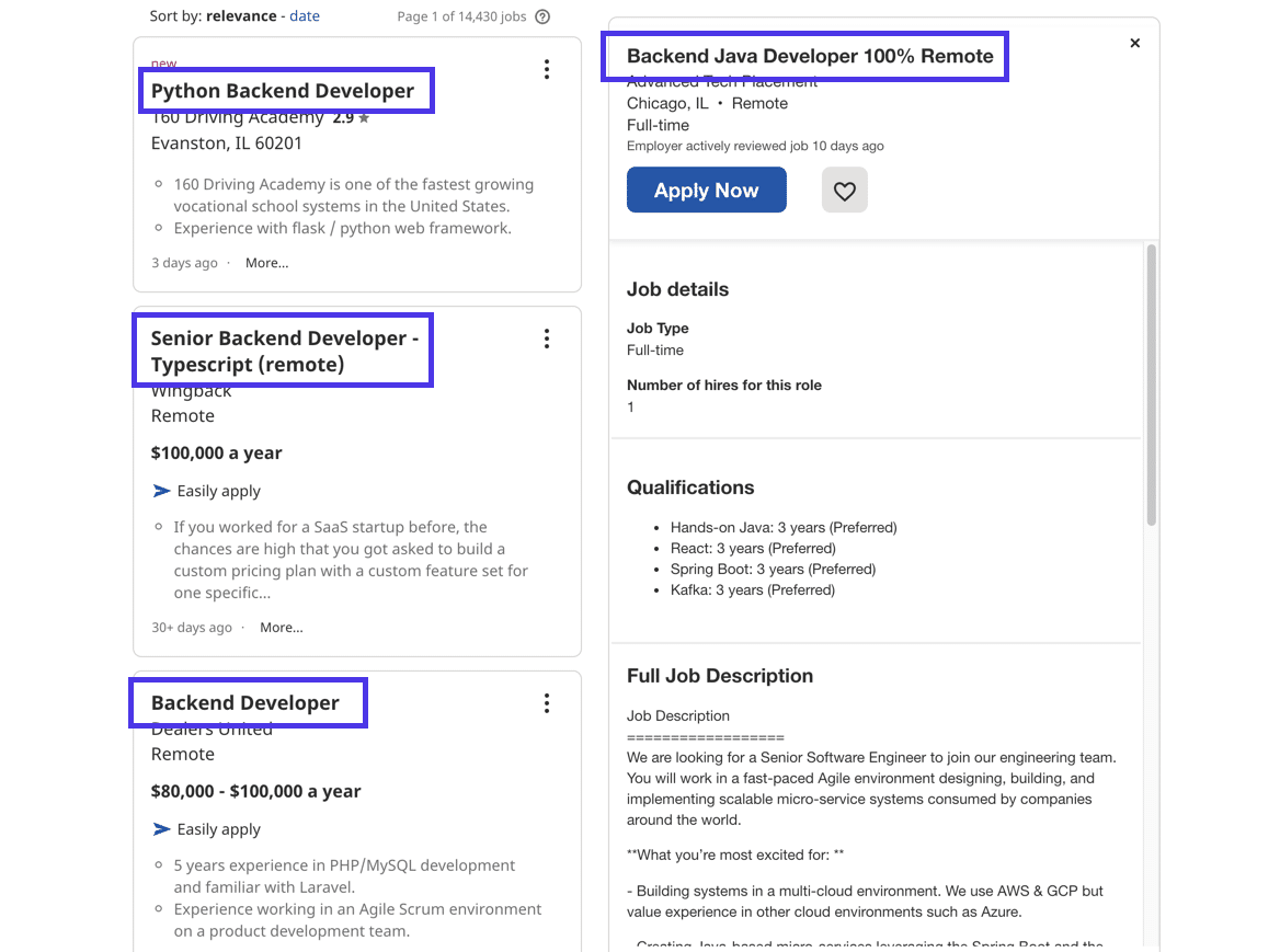 Exemples de titres de postes de développeur backend.