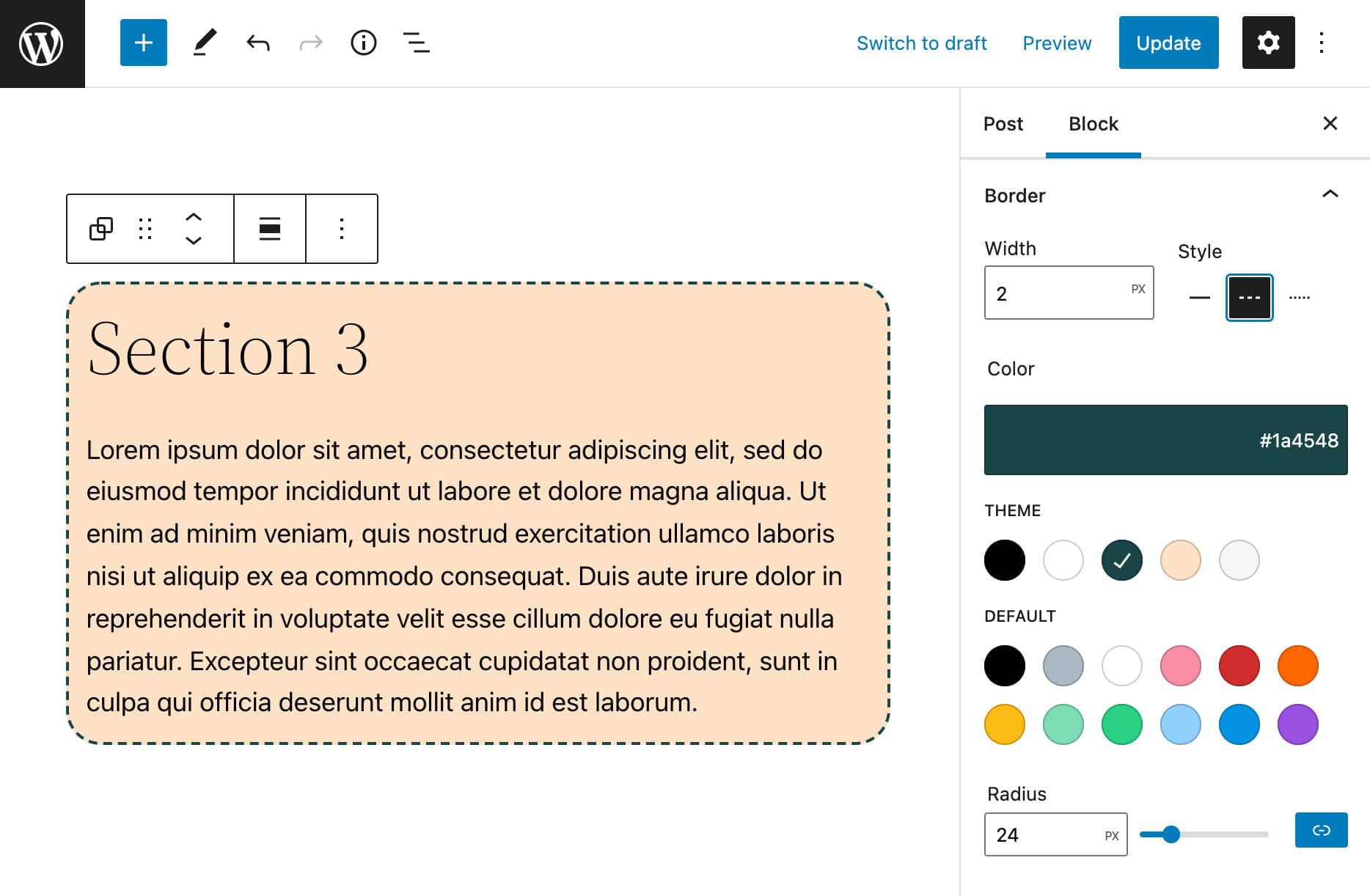 Twenty Twenty-Twoでグループブロックの枠線設定を変更