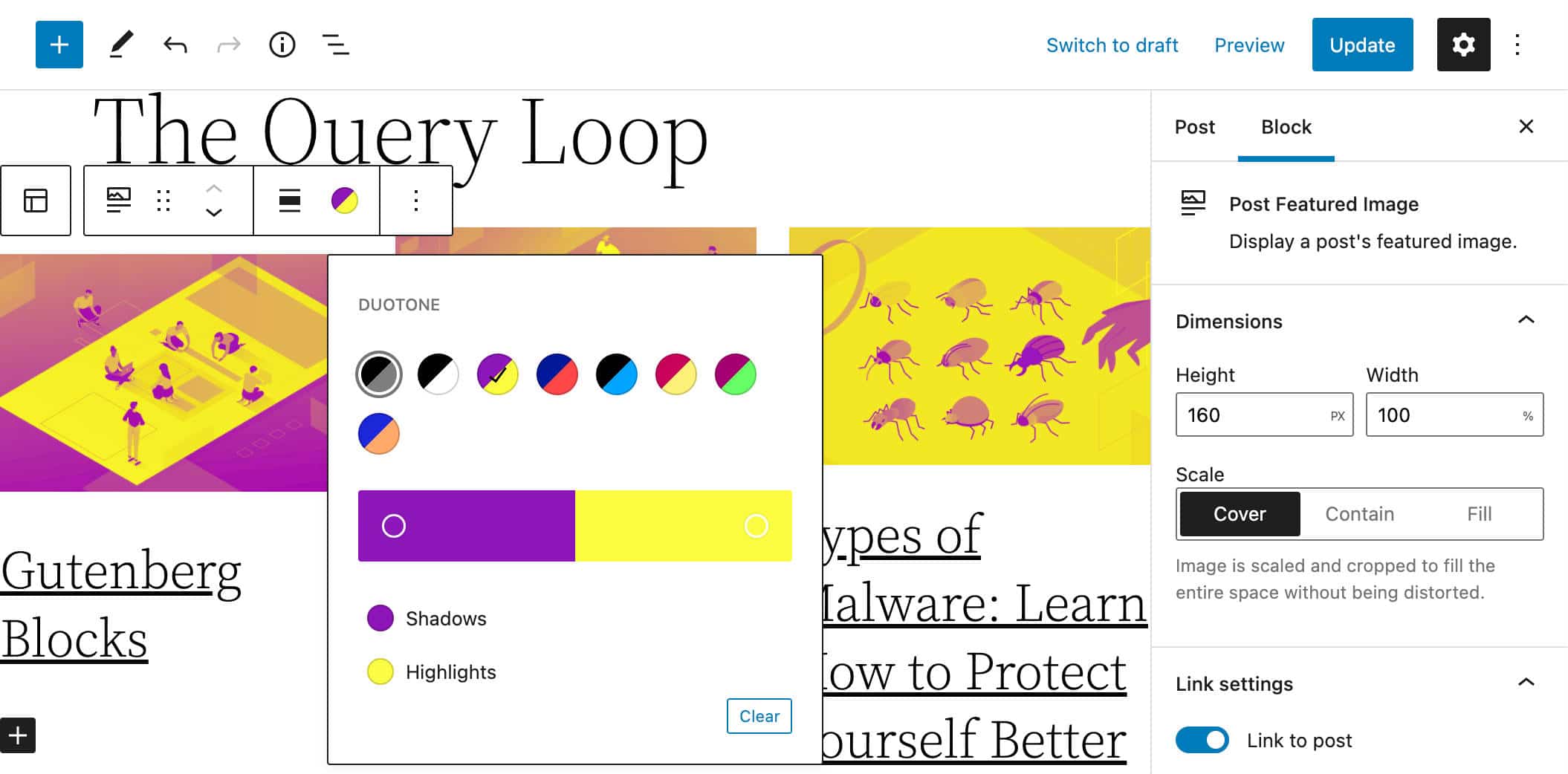  クエリーループブロックのアイキャッチ画像にデュオトーンフィルターを適用
