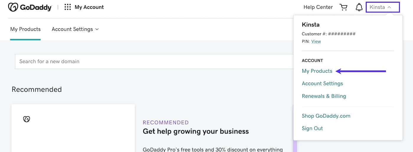 Select My Products under your account name in GoDaddy Wähle Meine Produkte unter deinem Kontonamen bei GoDaddy.