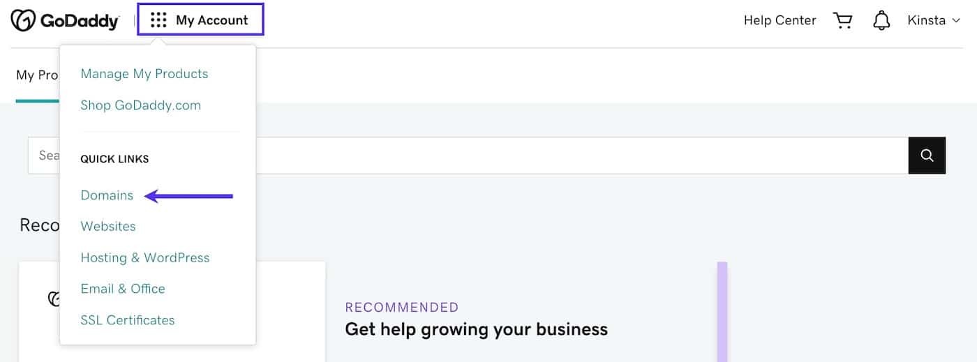 Select Domains in the My Account dropdown menu in GoDaddy Wähle bei GoDaddy im Dropdown-Menü Mein Konto die Option Domains.