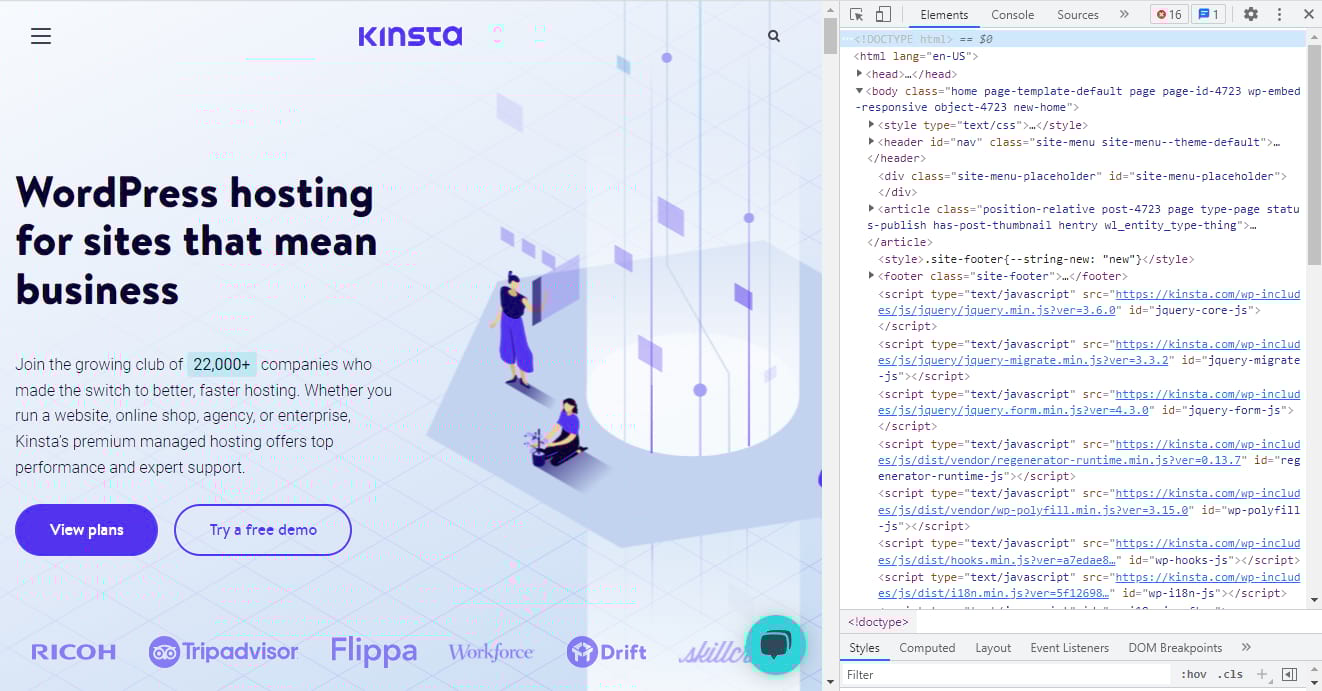 Vista HTML de la página de inicio de Kinsta.