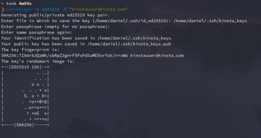 comando ssh-keygen com várias mensagens incluindo o arquivo, as chaves serão salvas 