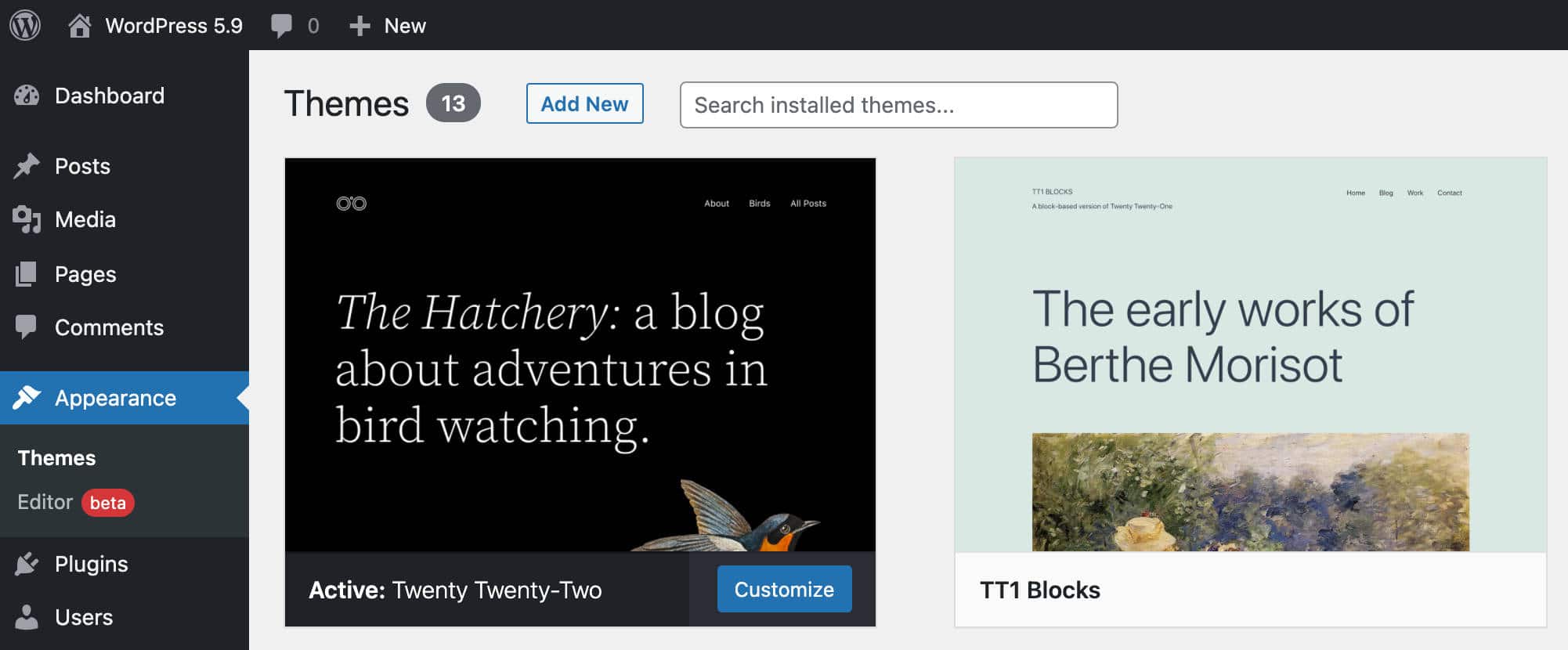  WordPress 5.9の新しい「外観」メニュー