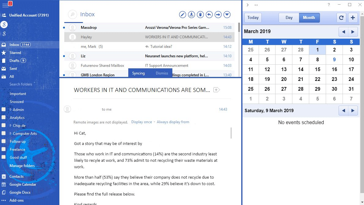 Schermata della inbox di Mailbird