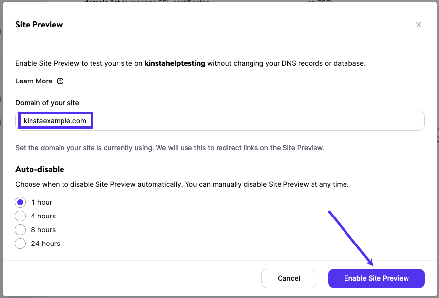 Enter your live domain and enable Site Preview Configurazione dell'Anteprima Sito per un futuro dominio