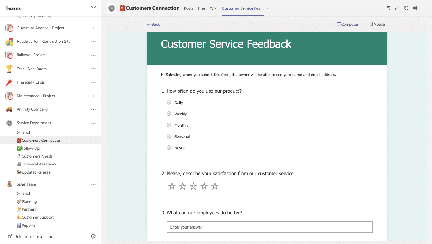 Microsoft Forms Umfrage zum Kundenservice